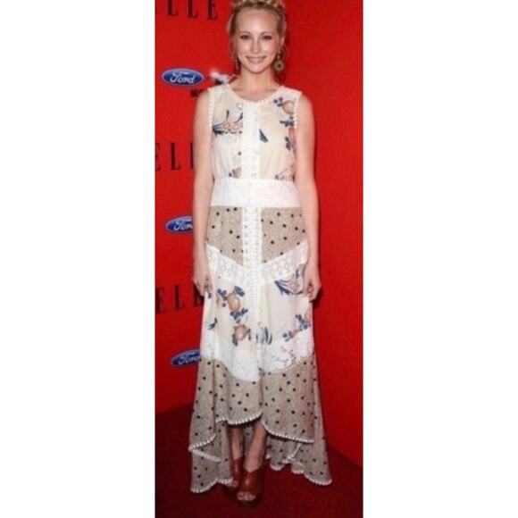 Anthropologie Leifnotes Field Biology Floral Lace Trim Midi Dress Cream Size 4 - Picture 2 of 12